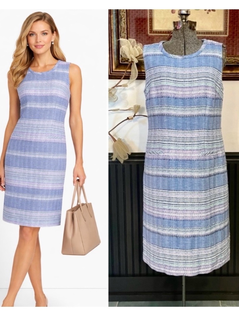 Talbots Blue Multi Tweed Stripe Sleeveless Shift Dress Lined Size 10 💚🎀